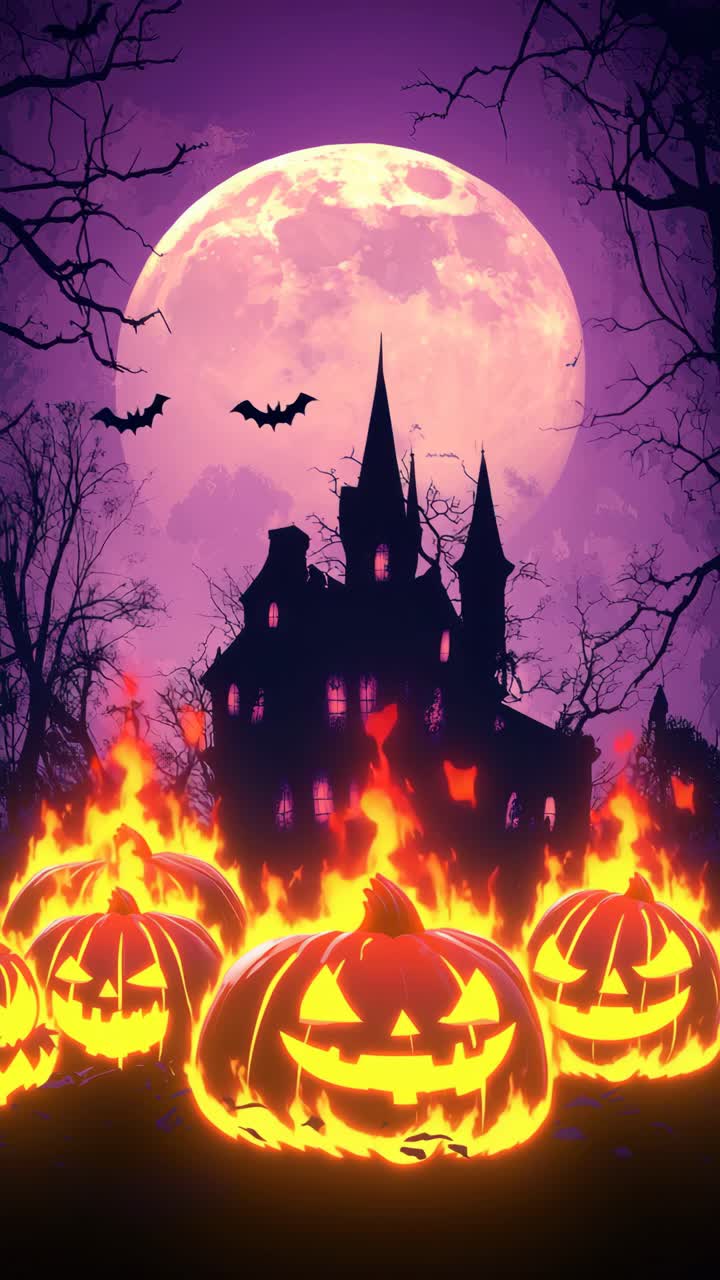Spooky Halloween scene with a low-angle view of a haunted house, glowing pumpkins, and bats