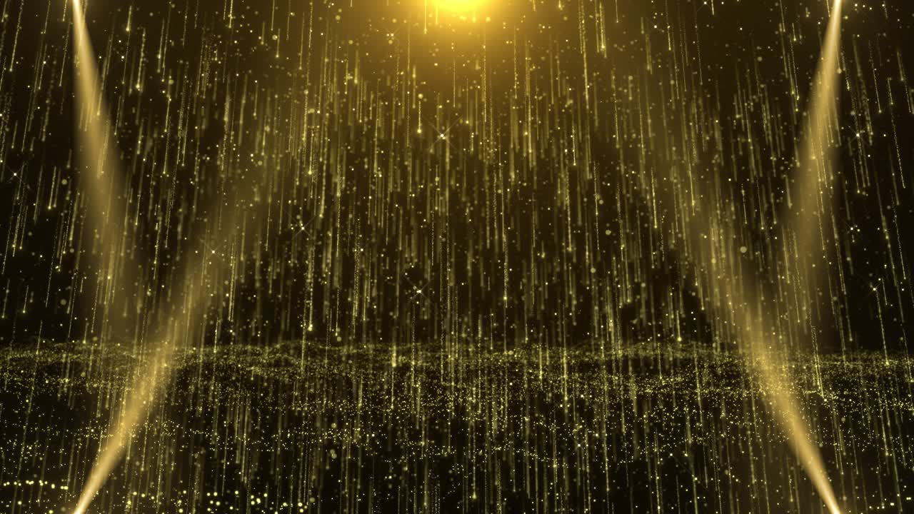 Golden light flares falling through darkness shimmering particle rain radiant atmosphere of luxury