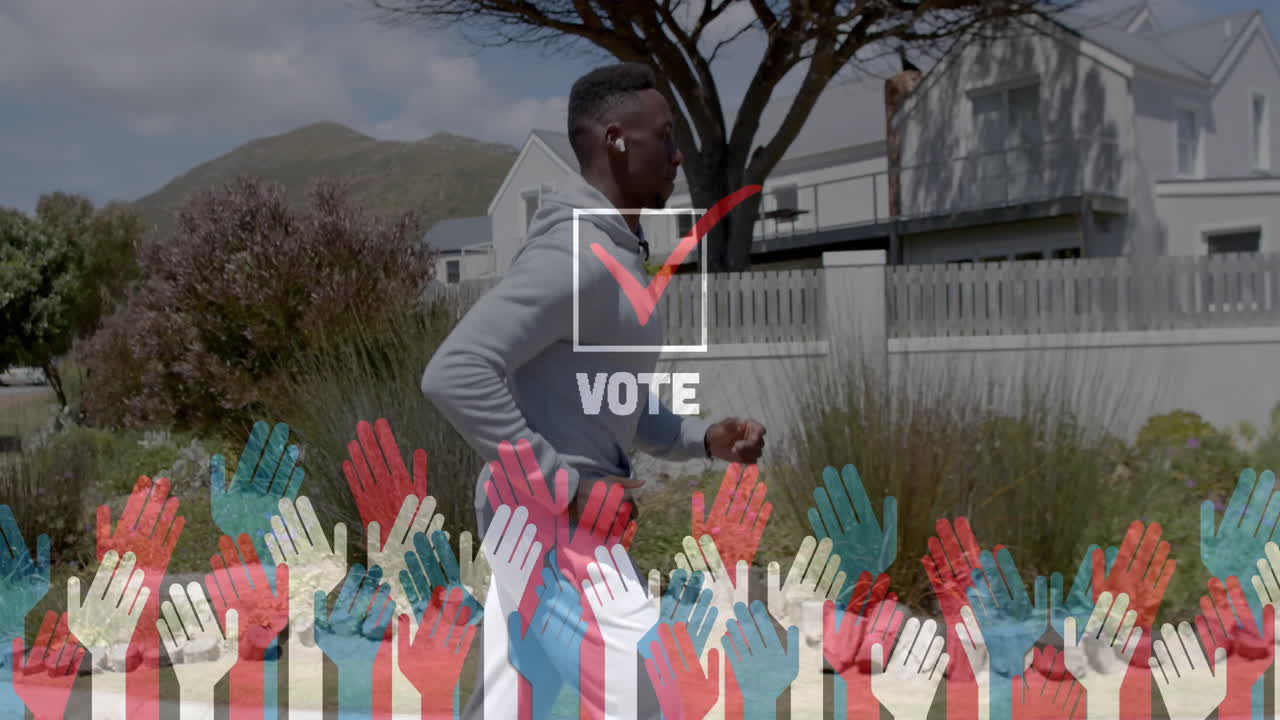 Running in neighborhood, person with VOTE text and checkmark animation over colorful hands