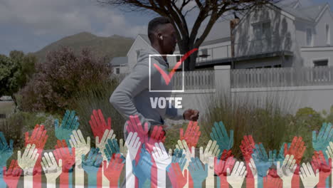 running in neighborhood, person with vote text and checkmark animation over colorful hands