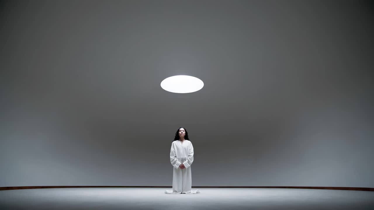 Ethereal figure in flowing white garment stands in minimalist space, gazing upward at circular light source, embodying a moment of introspection and serenity