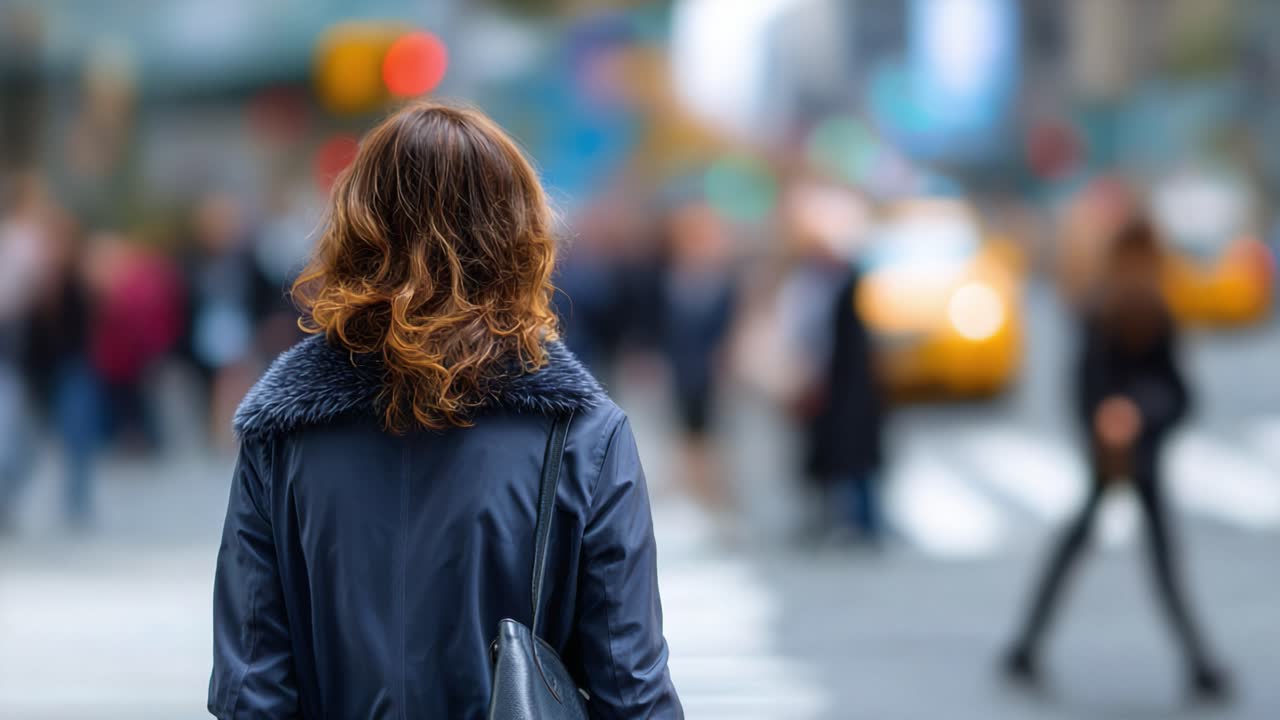 Urban Crossing: A Woman Observes the Dynamic Flow of Pedestrians and Traffic in a Bustling City Environment Captured from Two Different Points in Time