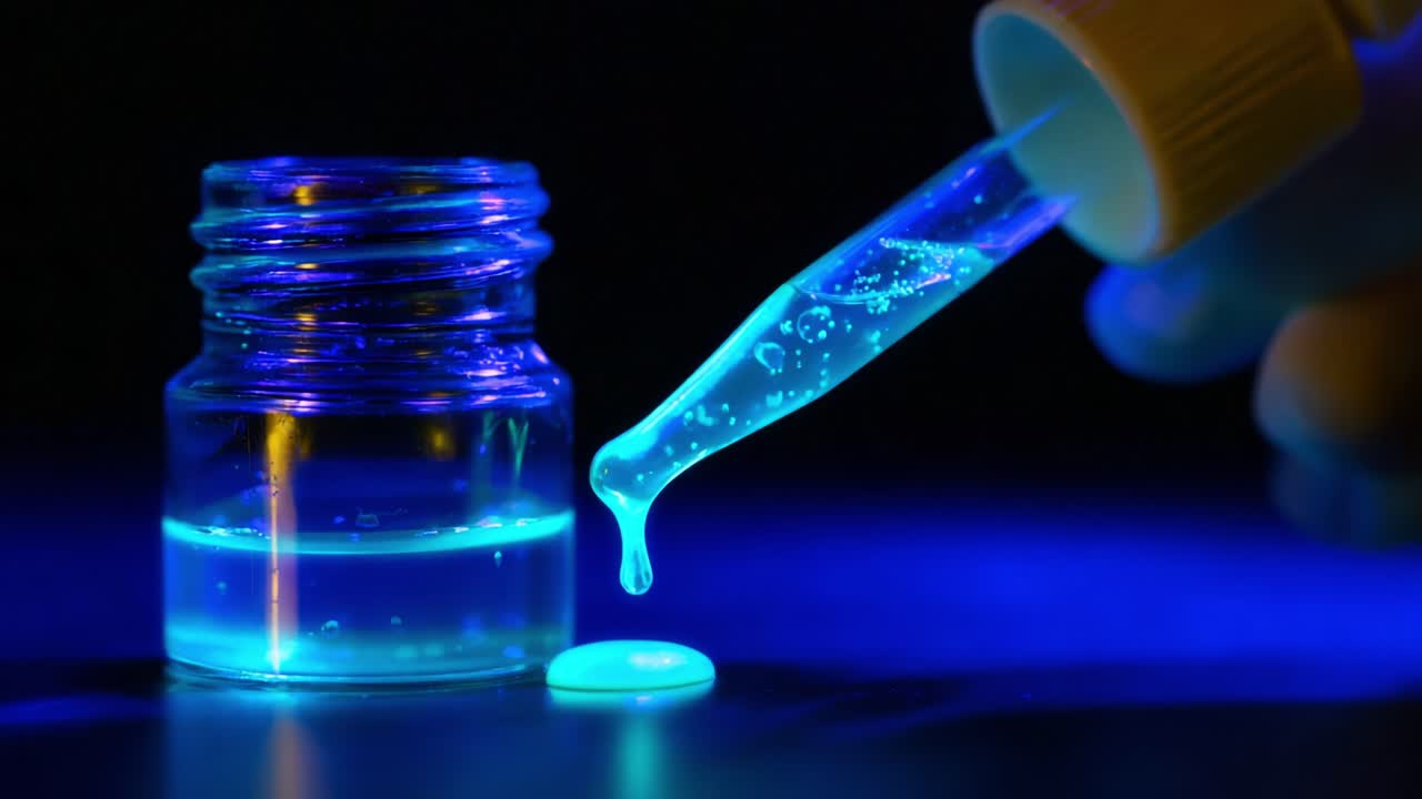 Close-up of a laboratory scene featuring an illuminated vial containing luminous liquid and a dropper poised to dispense a glowing drop onto a luminescent tablet under ultraviolet light, showcasing chemical interactions
