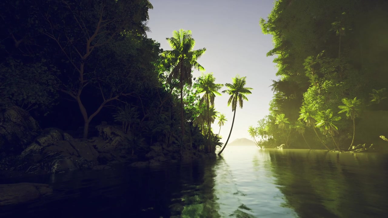 Insenatura tropicale pacifica con bagliore dorato e dintorni lussureggianti