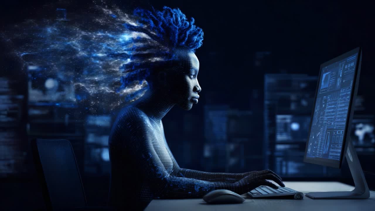 A brilliant visual representation of a person immersed in technology, showcasing a fusion of creativity and digital exploration, with vibrant hair that symbolizes the flow of information
