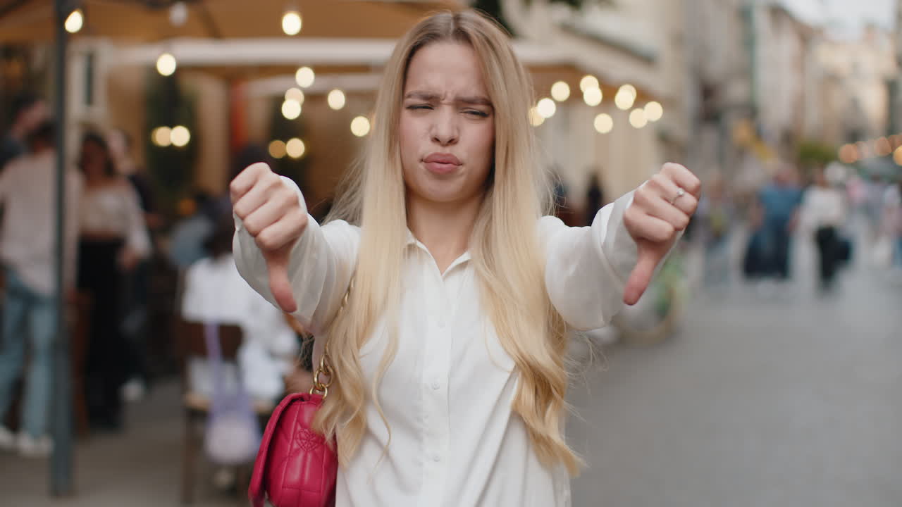 Upset young woman girl showing thumbs down sign disapproval dissatisfied bad work mistake in city