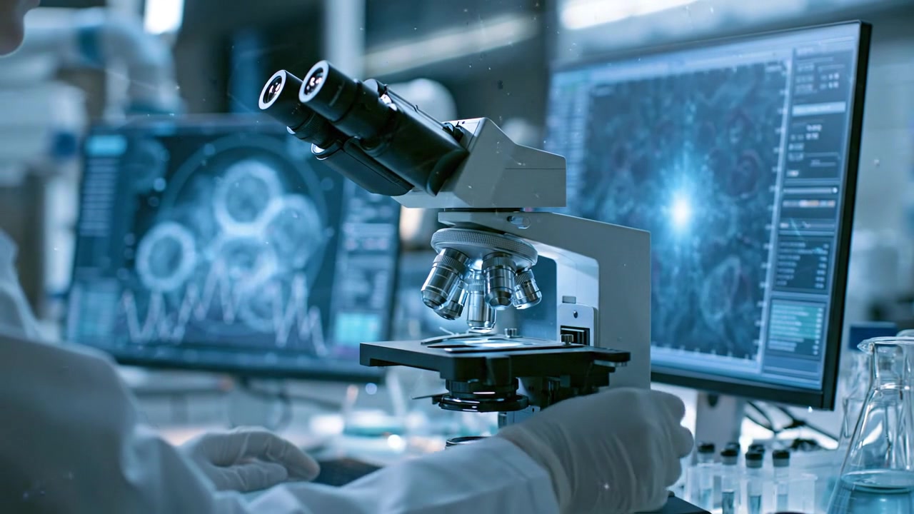 Professional microscope beside screens displaying magnified biological cells