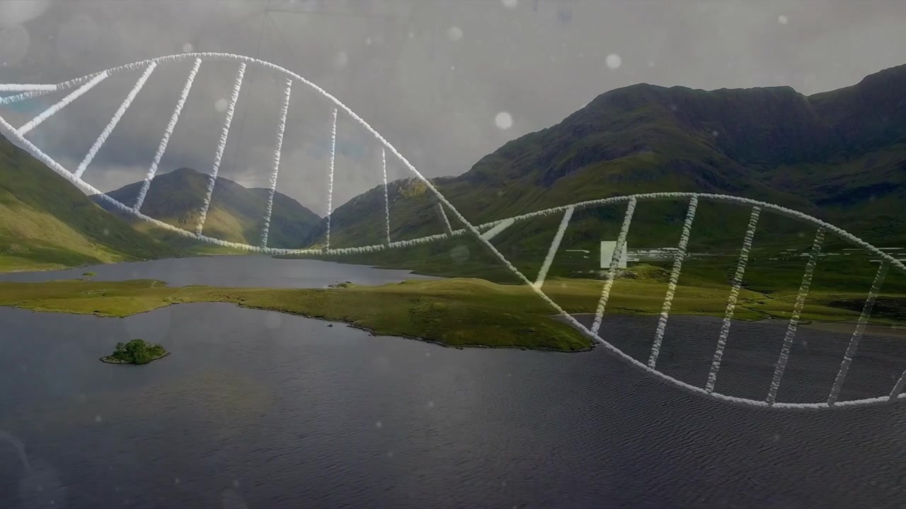 Digital DNA-dobbeltspiral overlejret på naturskøn bjergsø og videnskabeligt anlæg.