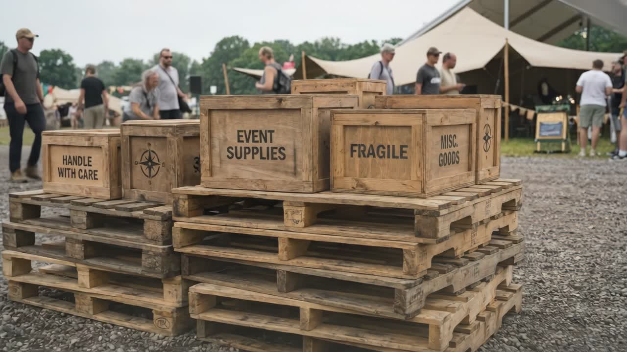 Holzkisten, beschriftet mit „Event-Zubehör“ und „Zerbrechlich“, auf Paletten