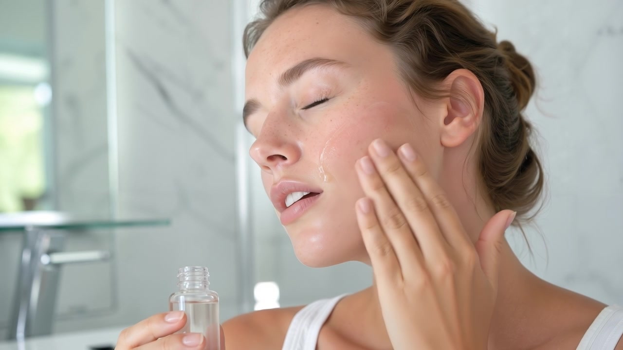 Giovane donna che applica una crema idratante sul viso mentre si guarda in uno specchio del bagno.