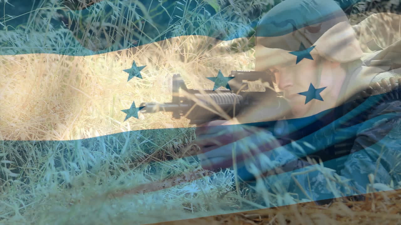 온두라스 발이 카우카시안 남성 군인과 소총을 들고 있는 애니메이션