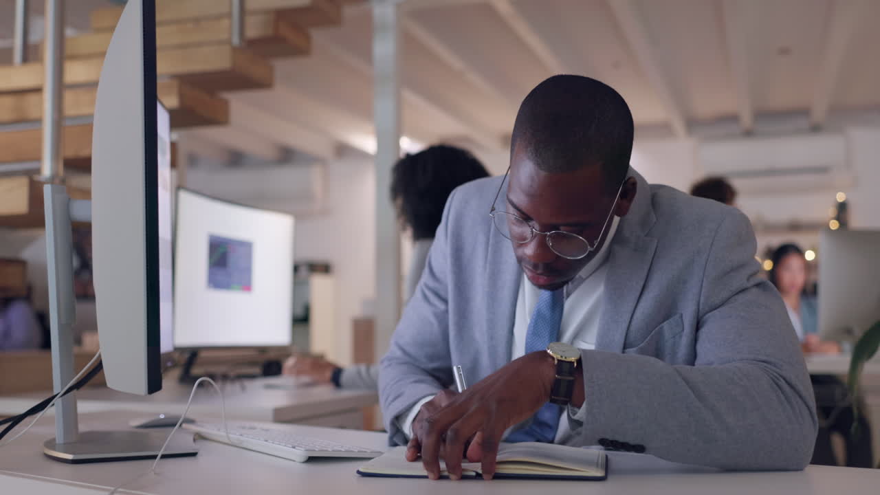 Computer, writing and business with black man