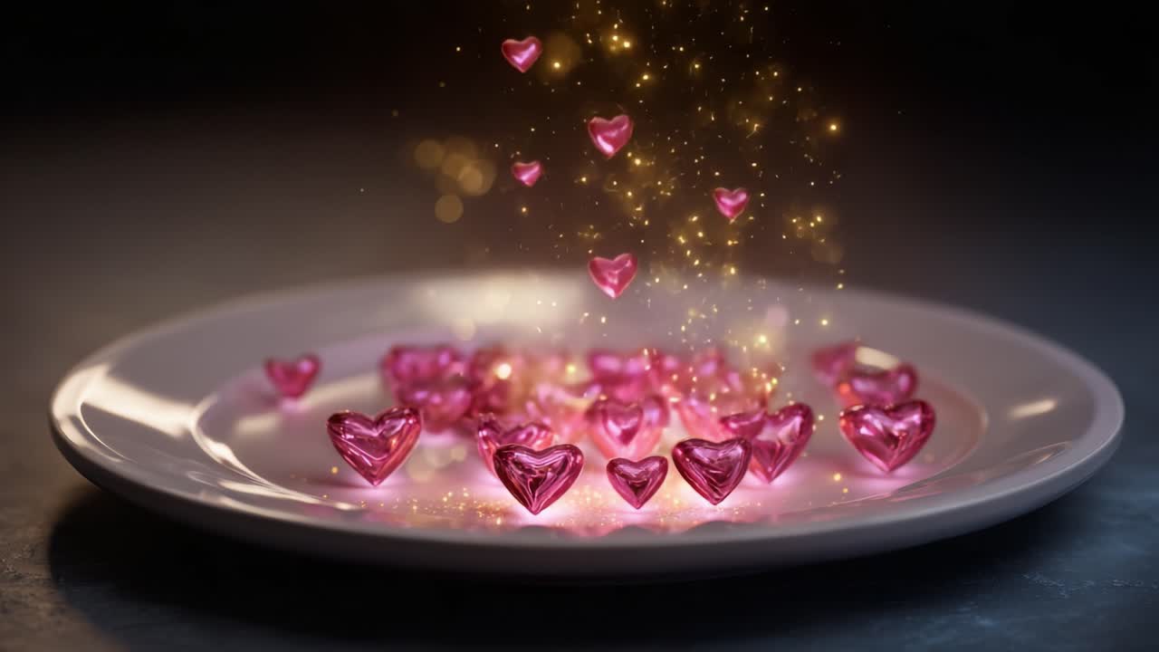 A Glimmering Display of Shiny Pink Hearts on a Plate with Sparkling Magic Dust Creating a Dreamy Atmosphere of Warmth and Romance