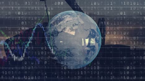 animation of globe and binary coding over stock market display in the background.