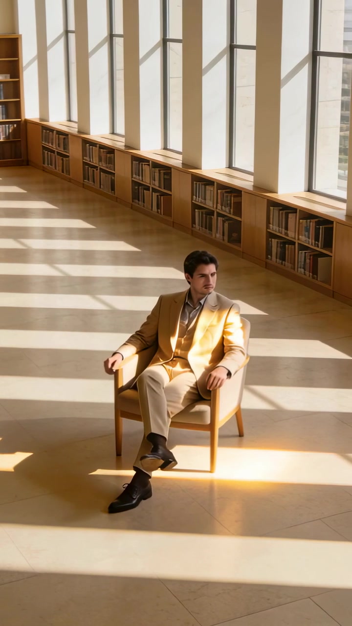 Video verticale: Luce solare che cade, uomo in completo beige che aggiusta la posa in una stanza lunga con sedia, scaffali e finestre.