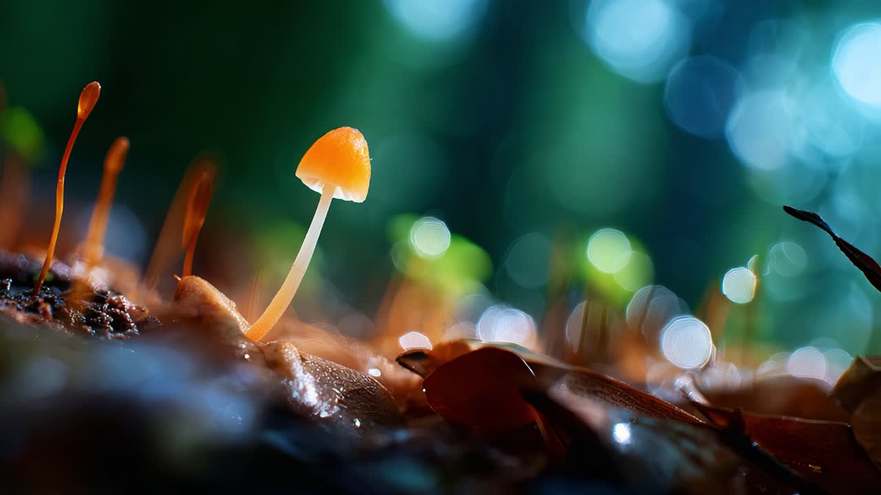 森の地面に生える繊細な菌類をクローズアップ。自然光が見事に捉え、複雑なディテールと鮮やかな色彩が、葉の間に生えるキノコを際立たせています。