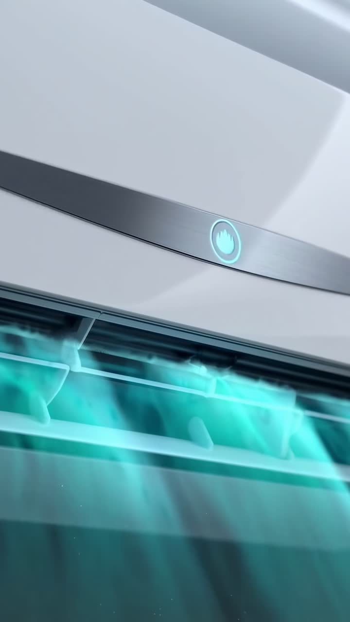 Close-up video angle of a sleek air conditioner emitting cool air, modern design