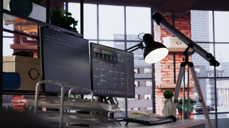 Code testing and quality assurance done on computers in startup workplace