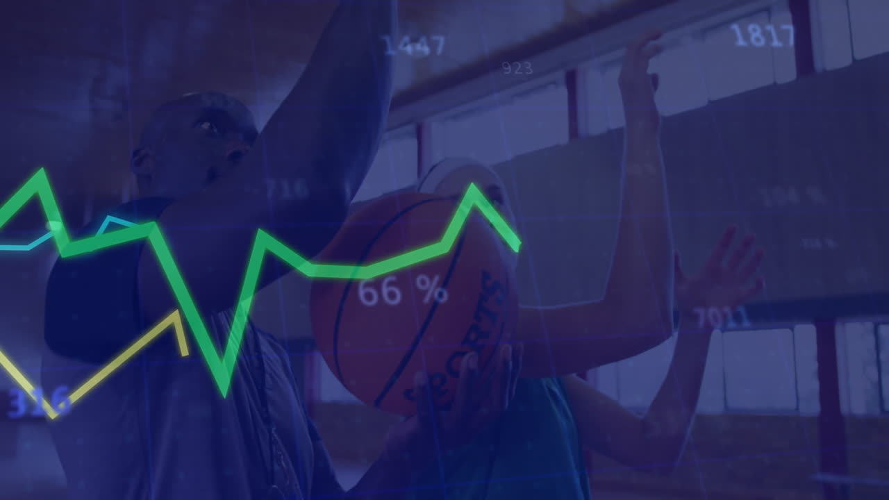 Woman shooting basketball while opponent jumping blocking shot, displaying sports analytics graphs