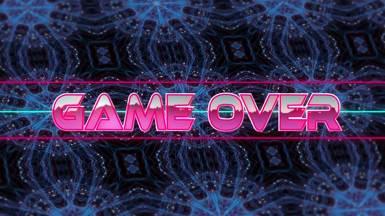 Animación de texto "Game Over" sobre formas caleidoscópicas en movimiento