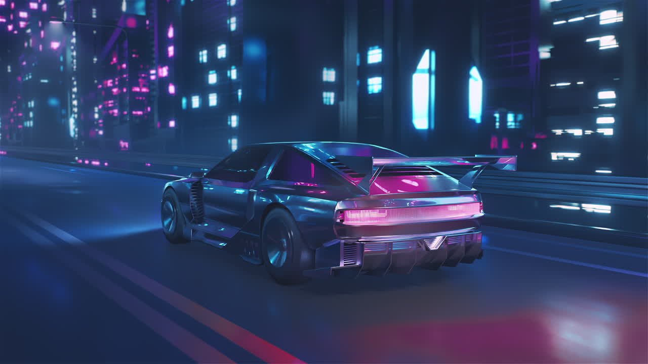 Loop di un'auto che guida per le strade della città di notte con luci al neon e in stile cyberpunk.