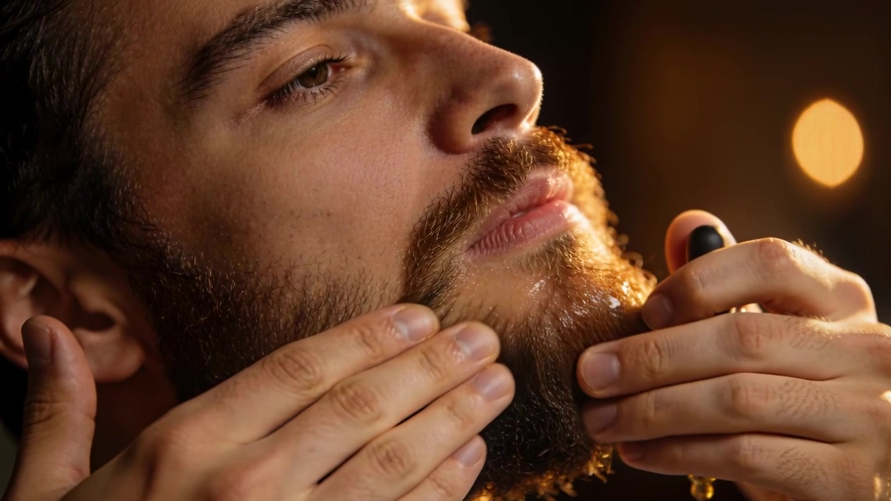 Spreme il contagocce, un uomo adulto inclina la testa e massaggia l'olio, condizionando la barba in uno studio di toelettatura.