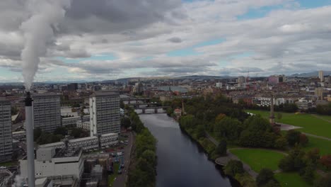 Aerial-view-of-industrial-part-of-Glasgow-with-bridges-over-the-river-Clyde-and-factory-polluting-the-skyline