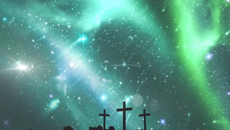 Animation-of-three-christian-crosses-with-multiple-glowing-stars-on-green-background