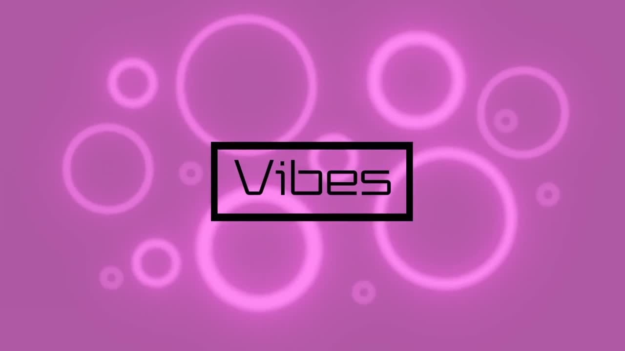 animación de vibraciones texto y círculos en fondo rosa