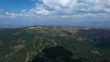 Mountain-range-with-endless-pine-trees-forest-on-a-cloudy-day,-aerial-view-of-large-natural-park-in-Voskopoja,-Albania