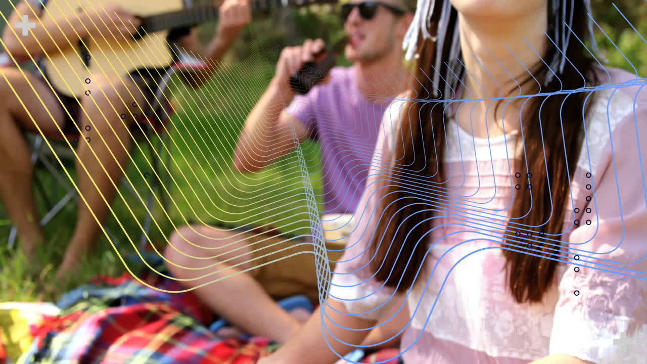 People enjoying outdoor picnic with colorful lines and dots animation overlay