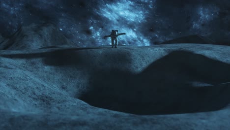 astronaut on a lunar landscape at night