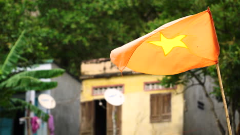 vietnamese flag on a bamboo stick pool waving with poor rural house in remote poor part of the country