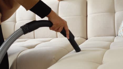 woman cleaning sofa with handheld vacuum