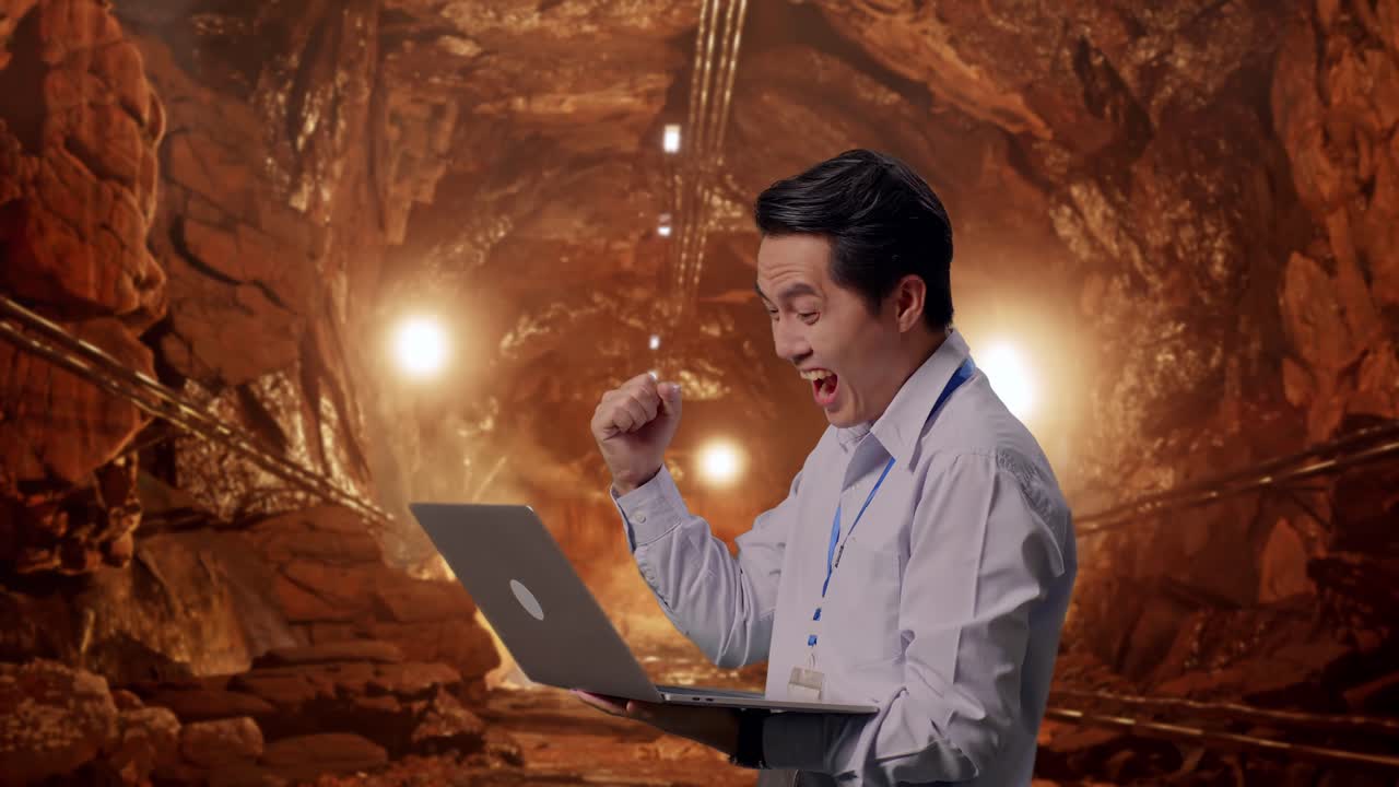 Side View Of An Asian Male Professional Worker Standing With His Laptop In Underground Mine Tunnel, He Raises His Fist Up With Screaming Goal After Typed On The Laptop