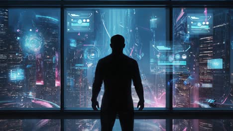 a man contemplates the cyberpunk cityscape
