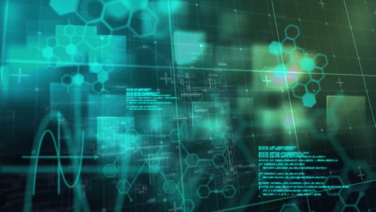 animación del procesamiento de datos y la fórmula química sobre cuadrados brillantes sobre un fondo negro