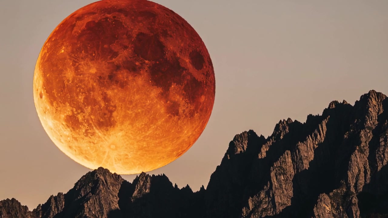 Gliding large red full moon moving toward jagged peaks during eclipse under warm twilight sky