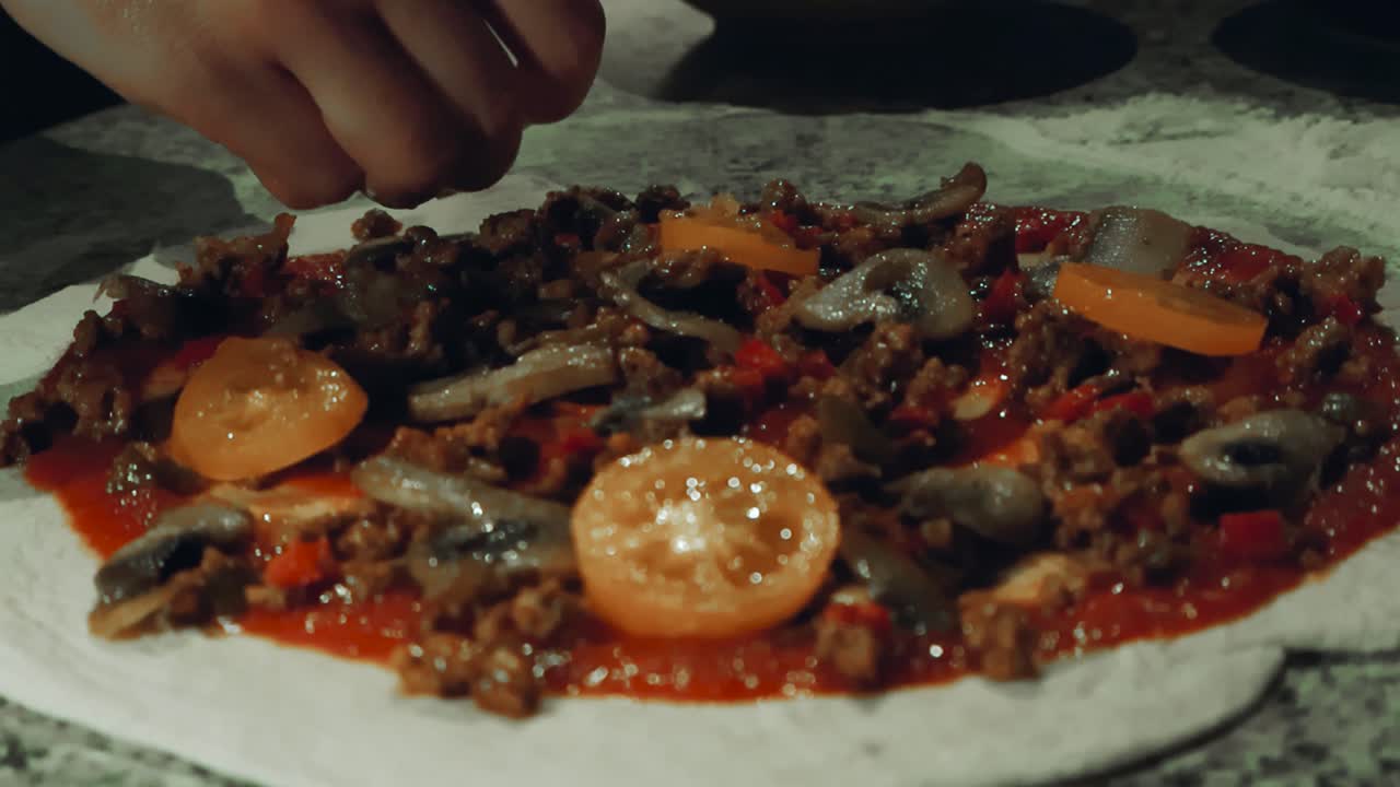 Chefs hand placing and spreading sliced mushrooms and other pizza toping on raw fluffy and hite pizza dought hat has tomato sauce, minced meat and tomato sliced on it. Slow motion movement, bokeh