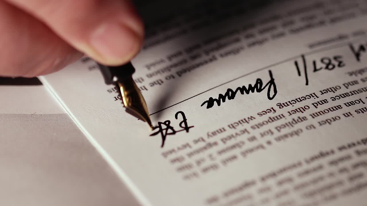 Business man signing contract paperwork with elegant fountain pen