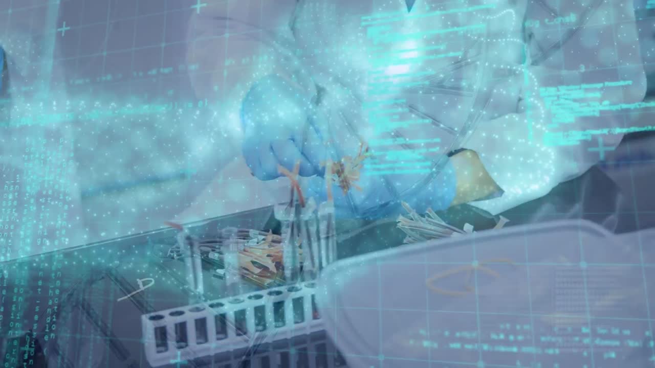 анимация днк-потока и обработка данных над кавказской женщиной-ученым в лаборатории