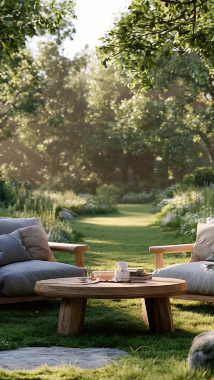 A Serene Garden Retreat: Cozy Chairs and a Table Set Amidst Lush Greenery, Perfect for Relaxation and Enjoying Nature's Beauty