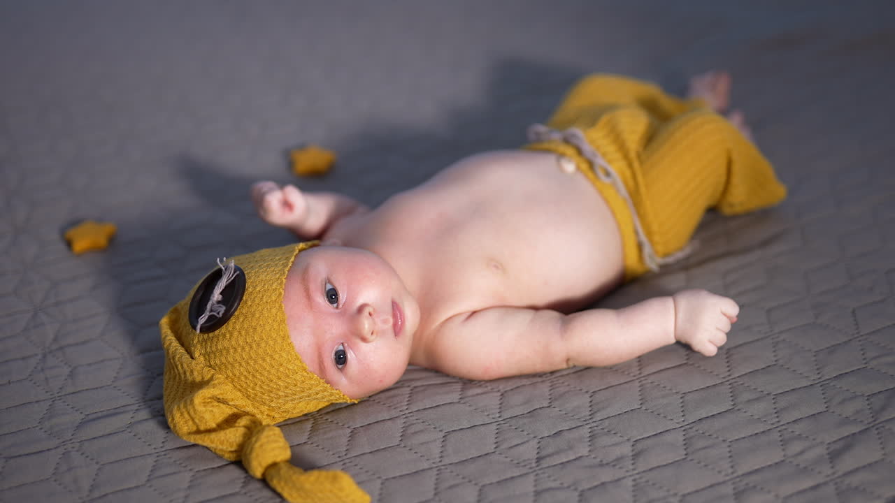 Nice little baby in yellow costume of gnome lies with his head to the camera. Baby in a hat with big button. Close up.