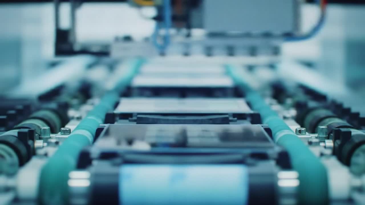 High-tech machinery is actively functioning on an assembly line, showcasing precise mechanical movements and automation in a modern production facility focused on efficiency and quality.