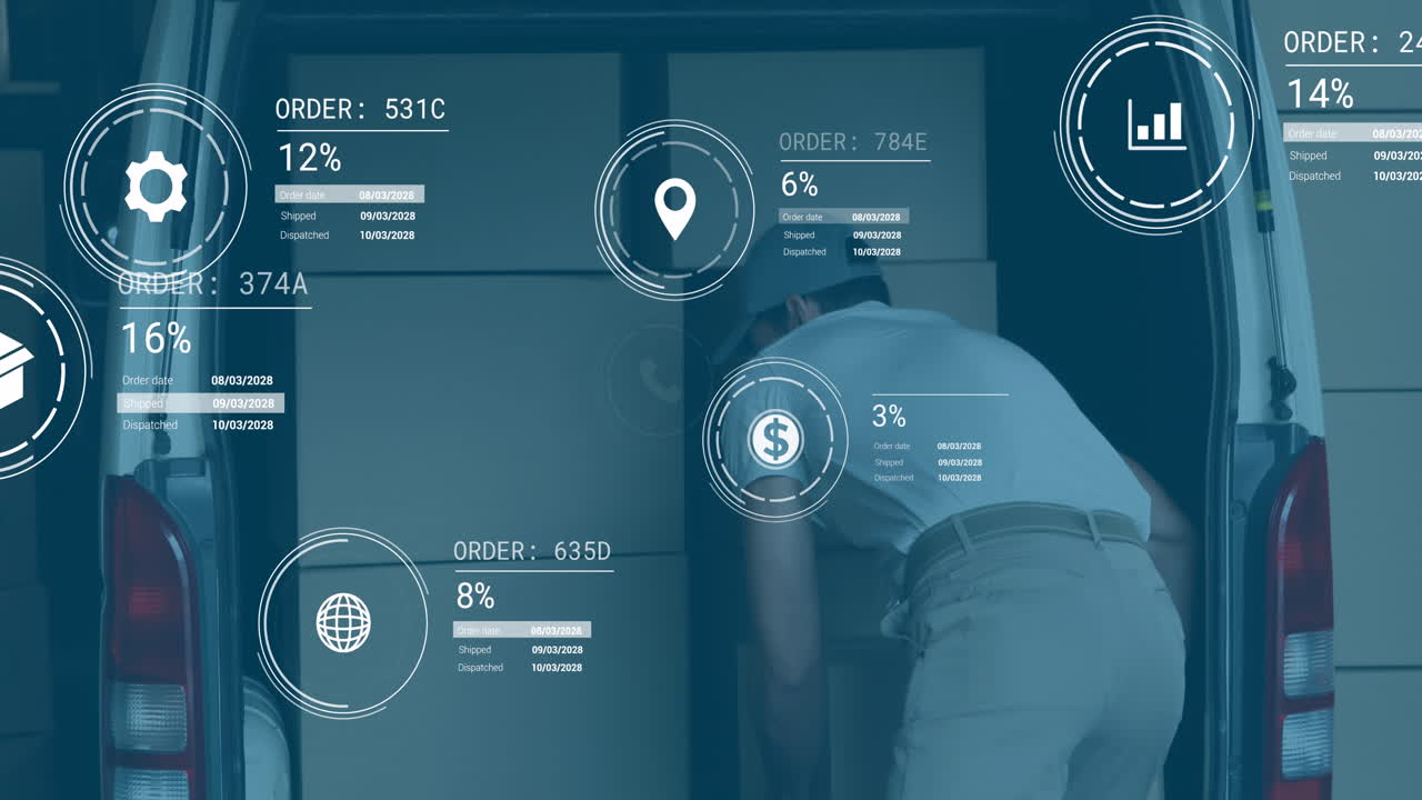 animación de iconos con procesamiento de datos sobre caucásicos mensajero cajas de embalaje