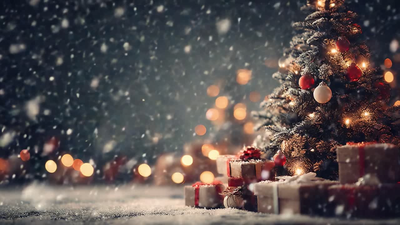 Un albero di Natale decorato in modo splendido, circondato da regali confezionati a festa, adornato da fiocchi di neve che cadono delicatamente in una magica atmosfera invernale