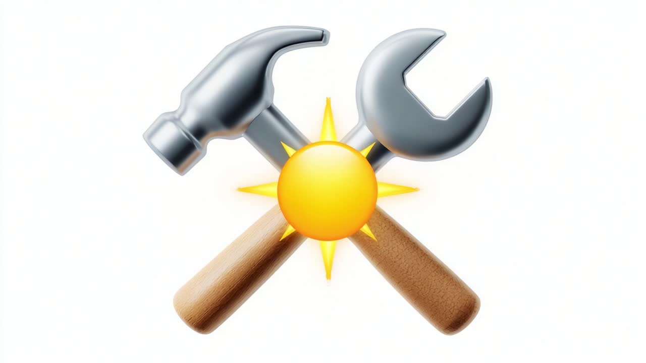 A Representation of Tools and Sunlight Symbolizing Craftsmanship, Construction, and Outdoor Activities with a Hammer and Wrench Intersecting Around a Bright Sun