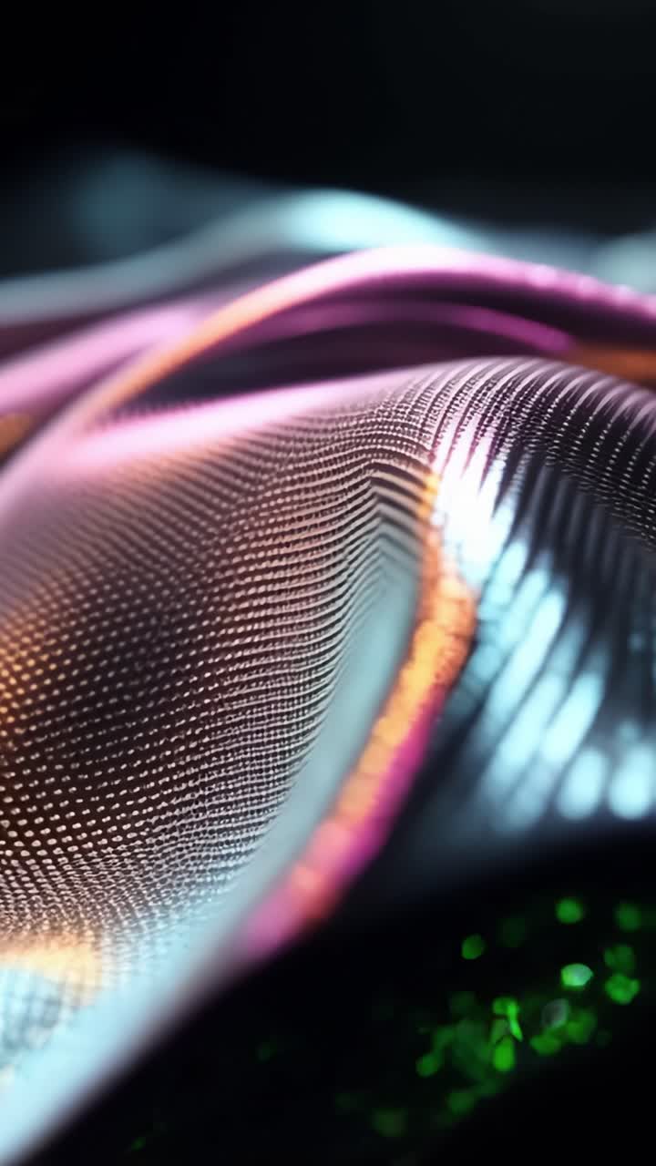 Primo piano di un tessuto colorato e texturizzato con sfumature scintillanti che cattura luce e movimento in una composizione artistica e astratta.