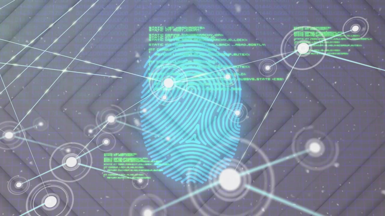 Animation of fingerprint scanning with network connecting dots on digital interface