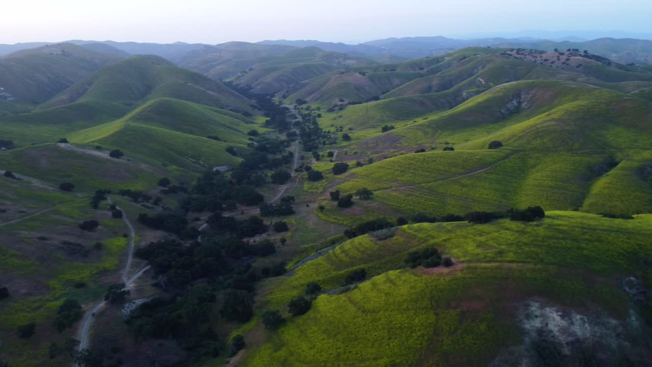 Verdi colline rigogliose e sentieri tortuosi per escursioni nella valle durante la primavera. Atmosfera calma e tranquilla e terreno stratificato ideale per benessere, natura, ambiente e rinnovamento. Cheseboro Canyon, Agoura Hills, California